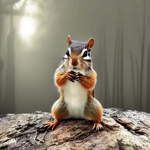 Image similar to a high quality photo of a chipmunk as body builder, foggy forrest backdrop, render, ultra realistic, epic lighting, cgsociety