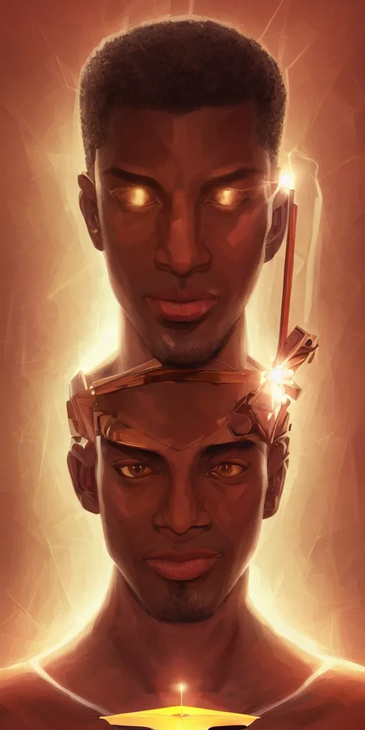 Image similar to symmetry!! brown skin man egyptian prince holding scepter of power, solid cube of light, hard edges, product render retro - futuristic poster scifi, lasers coming from eyes, brown skin man egyptian prince, intricate, elegant, highly detailed, digital painting, artstation, concept art, smooth, sharp focus, illustration, dreamlike, art by artgerm