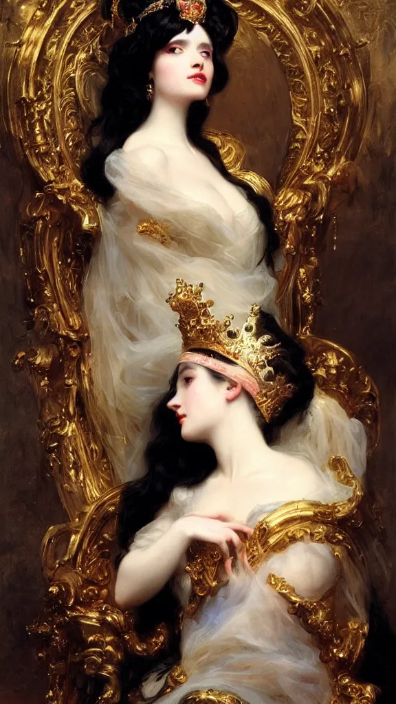 Image similar to a beautiful black haired woman with pale skin and a crown on her head sitted on an intricate metal throne by franz xaver winterhalter and delphin enjolras and rebecca guay