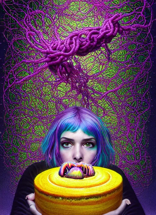 Image similar to hyper detailed 3d render like a Oil painting - Ramona Flowers with black hair in thick mascara seen seriously Eating of the Strangling network of colorful adorable yellowcake and aerochrome and milky Fruit and Her delicate Hands hold of gossamer polyp blossoms bring iridescent fungal flowers whose spores black the foolish stars by Jacek Yerka, Mariusz Lewandowski, Houdini algorithmic generative render, Abstract brush strokes, Masterpiece, Edward Hopper and James Gilleard, Zdzislaw Beksinski, Mark Ryden, Wolfgang Lettl, Dan Hiller, hints of Yayoi Kasuma, octane render, 8k