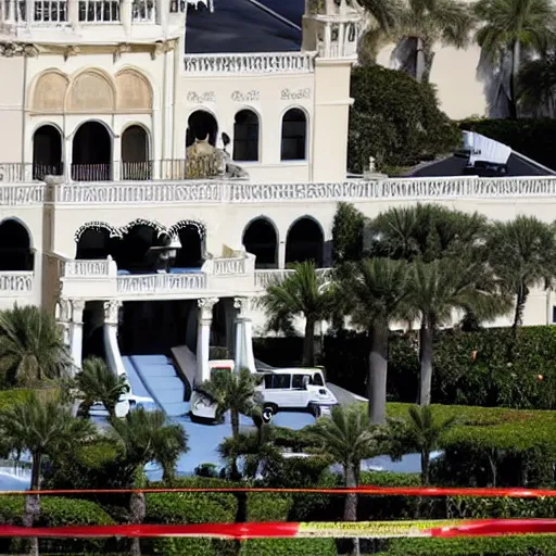 Image similar to mar-a-lago, FBI agents, police tape, high detail, Donald Trump, handcuffs