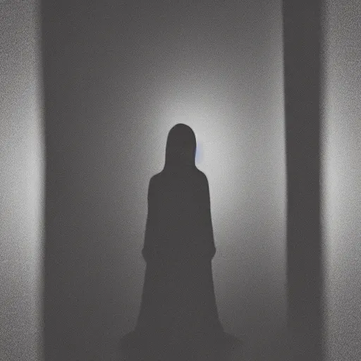 Image similar to A selfie of a woman in a dark room, with a spooky filter applied, with a figure in the background, in a Halloween style.
