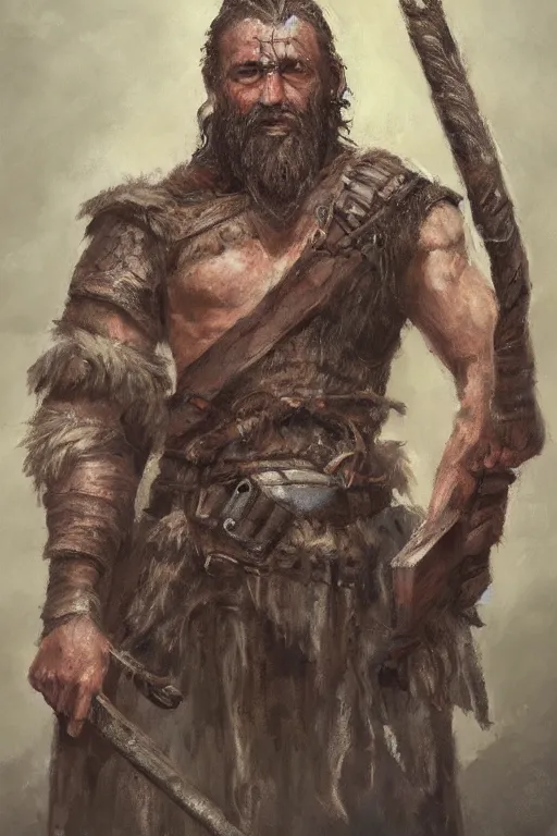 Image similar to a full body fantasy portrait oil painting illustration of a single rugged stoic barbarian man by Justin Sweet with face and body clearly visible, d&d, rpg, forgotten realms, artstation trending, high quality, sombre mood, artstation trending, muted colours, no crop, entire character,