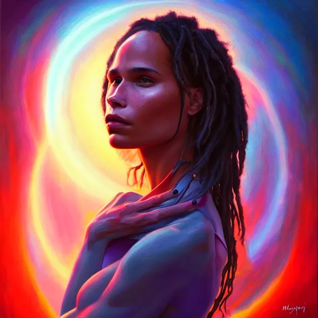 Prompt: portrait of zoe kravitz by mandy jurgens, cartoon, oil painting, visionary art, symmetric, magic symbols, holy halo, dramatic ambient lighting, high detail, vibrant colors,