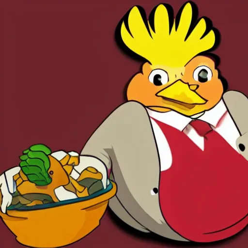 Prompt: fat man with chicken head instead of his head