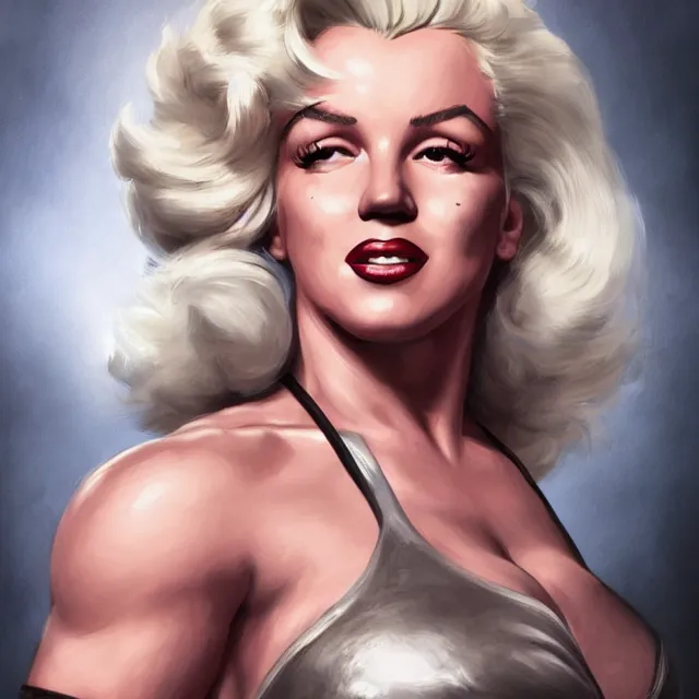 Prompt: detailed portrait of marilyn monroe as a female bodybuilder zarya from overwatch, attractive, beautiful, fantasy, intricate, elegant, highly detailed, digital painting, artstation, concept art, matte, sharp focus, illustration, art by aenaluck, artgerm and roberto ferri and greg rutkowski, epic fantasy, digital painting