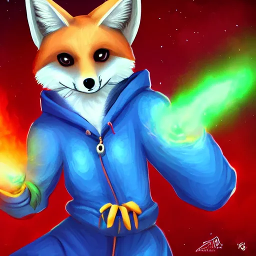 Image similar to An anthropomorphic fennec character from the furry fandom wearing a blue sweatshirt and holding fireballs in a fighting pose, digital painting, artstation, furry fandom, furaffinity