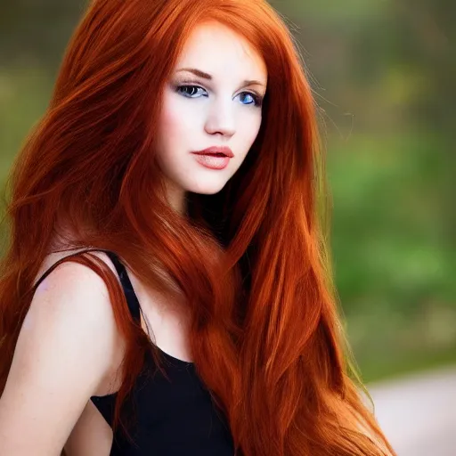 Prompt: a very beautiful young woman with auburn hair with a streak of white