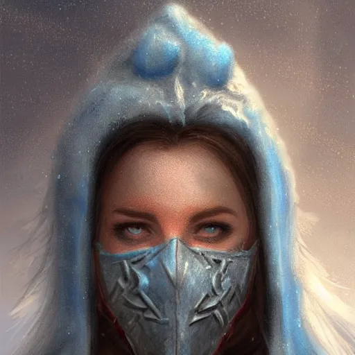 Image similar to art, bandit from ‘ icewind dale ’ with a frost blue gem mask lined with copper, ‘ icewind dale 2 ’ profile portrait by ‘ justin sweet ’, falling snow, soft focus, illustration, oil paint, trending artstation