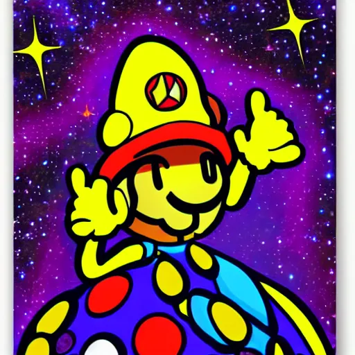 Image similar to a portrait of an alien cosmic psychedelic Super Mario waiting for you in deep space, by Gerald Blum