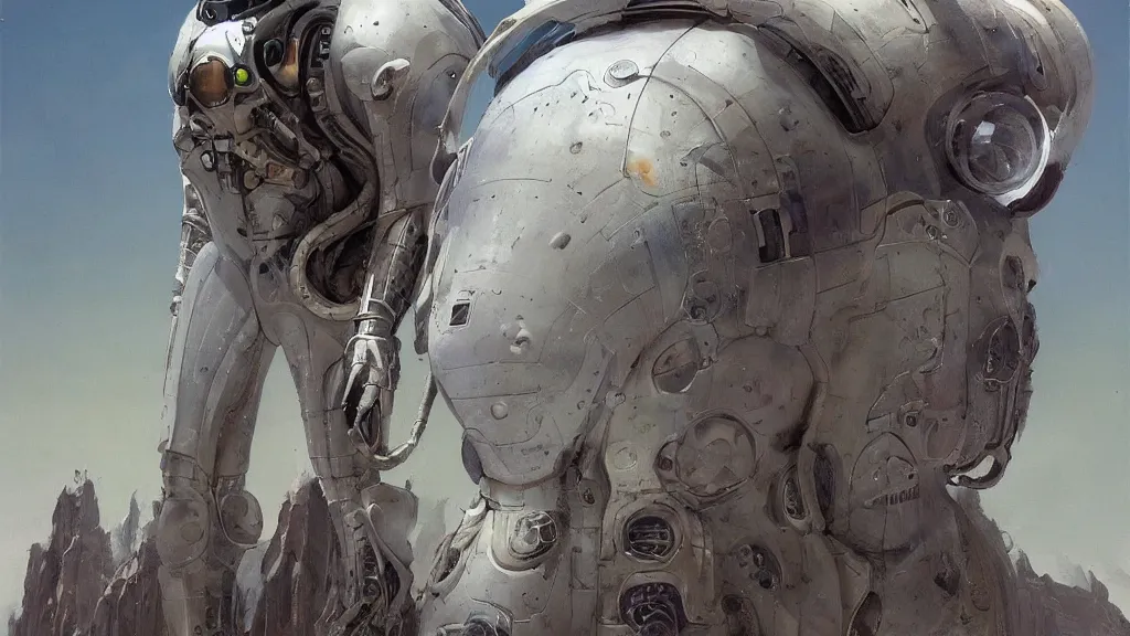 Image similar to futuristic organic spacesuit design by john schoenherr and glenn barr, epic cinematic matte painting