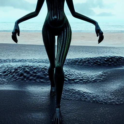 Prompt: a stunning cinematic wide shot of a beautiful confused slick sleek smooth humanoid sea monster wearing clothes made of seaweed on a dark stormy beach, well designed perfect with slick led eyes, sharp claws, cgsociety, hd octane render, fantasy, furry art, artstation, deviantart, furaffinity, very very clean