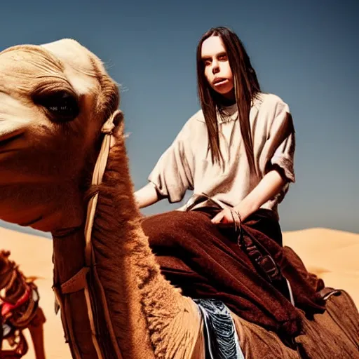 Image similar to close up shot of billie eilish riding a camel