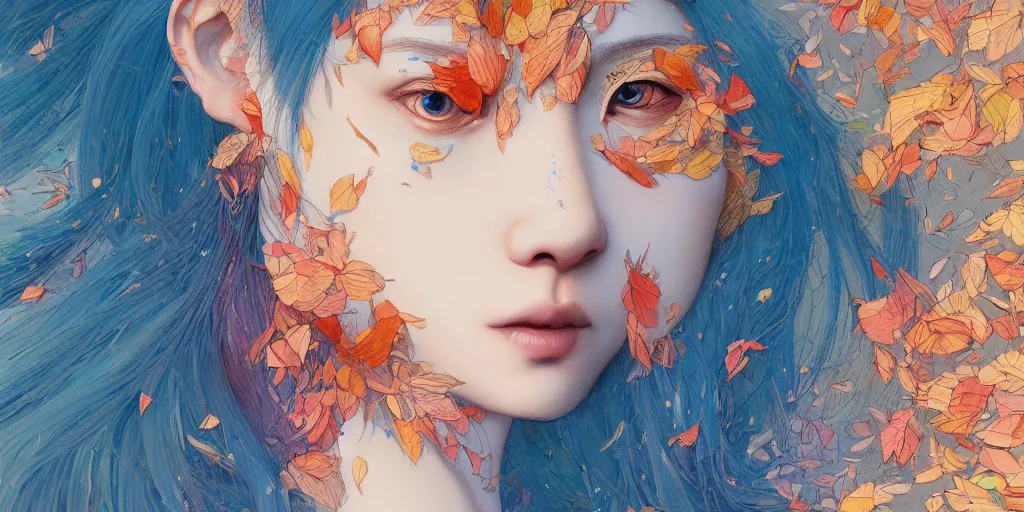 Image similar to breathtaking detailed concept art painting pattern of blue hair faces goddesses amalgamation autumn leaves with anxious piercing eyes, by hsiao - ron cheng and james jean, pastel colors, bizarre compositions, exquisite detail, 8 k