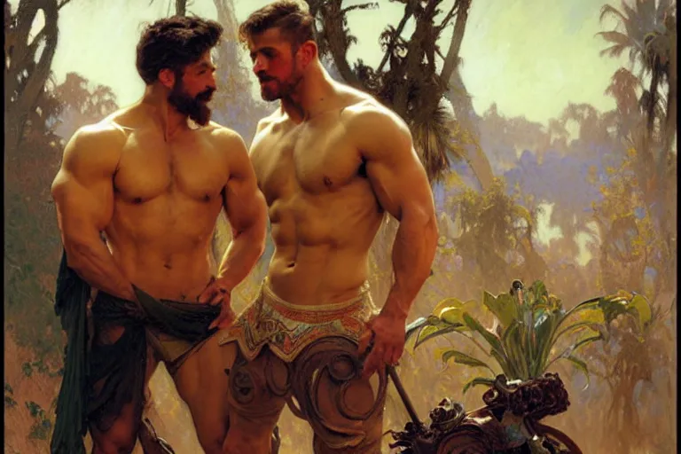 Image similar to 2 muscular attractive men chatting, painting by gaston bussiere, craig mullins, greg rutkowski, alphonse mucha