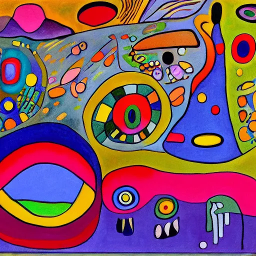 Prompt: Eternal Suffering in the style of Kandinsky, in the style of Friedensreich Hundertwasser, 4k, painting, high detail
