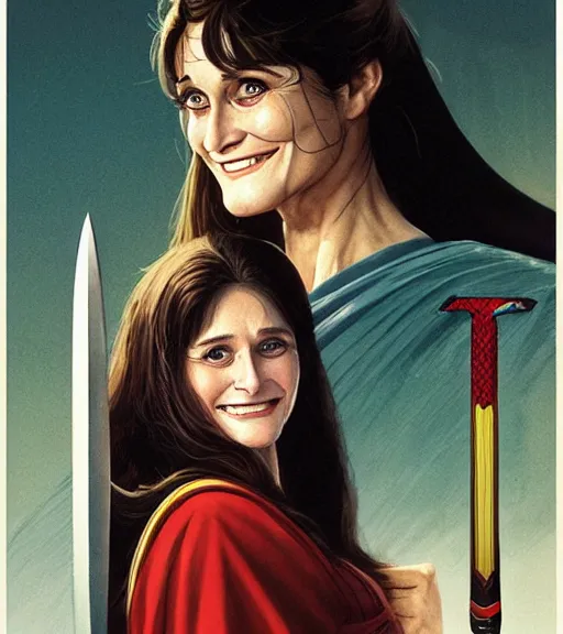 Image similar to a portrait of smiling young margot kidder from 1 9 7 7 superman movie in a scenic japanese city environment by marco bucci and greg rutkowski and frank frazetta, sharp focus, detailed, cinematic, hanbok, sheathed golden ornate korean sword