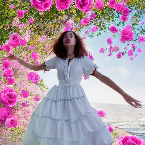 Prompt: a realistic wonderful lady dressed with a large and decorate majestic roses cotton dress that is coming out from a ocean, dramatic light, octane--8k