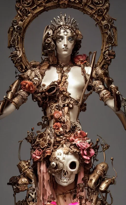 Image similar to a young beautiful Italian metal android with a large glowing pink crystal in the center of her chest, full-body bronze cyberpunk style statue of Andromeda with glowing red eyes, crown of mechanical peach roses, flowing peach silk, fabric, steampunk flowers. baroque elements, human skull. full-length view. baroque element. intricate artwork by caravaggio. many flying horses on background. Trending on artstation, octane render, cinematic lighting from the right, hyper realism, octane render, 8k, depth of field, 3D