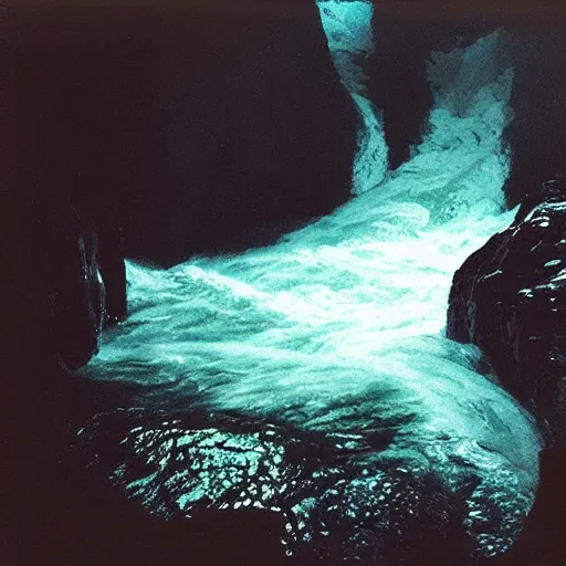 Prompt: a cave with a rushing wave of water, creepy, eerie, unsettling, terrifying, jagged rocks, dark, grainy, noisy, slightly blurry, polaroid, deep!!!!!, dark!!!