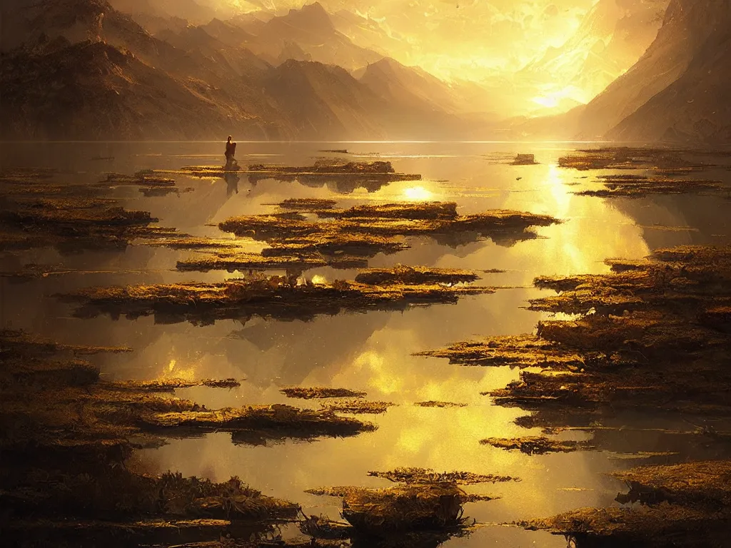 Image similar to A lake of pure gold, by Greg Rutkowski