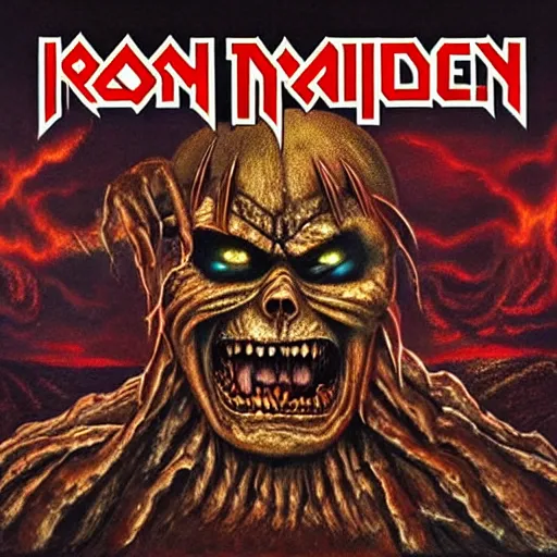 Prompt: “ flames of hell ” iron maiden album cover, highly detailed