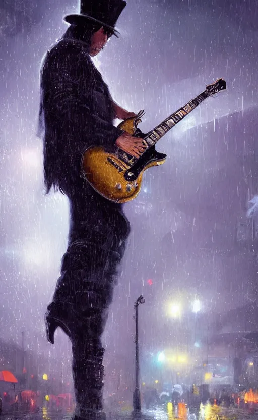 Prompt: a painting of slash playing the guitar, rainy night, lights, particles, depth of field, raindrops, crowd, lights, top hat by greg rutkowski, featured on artstation, epic composition, dramatic theme, cgsociety, deviantart, conceptartworld, screenshot from guitarhero cutscene