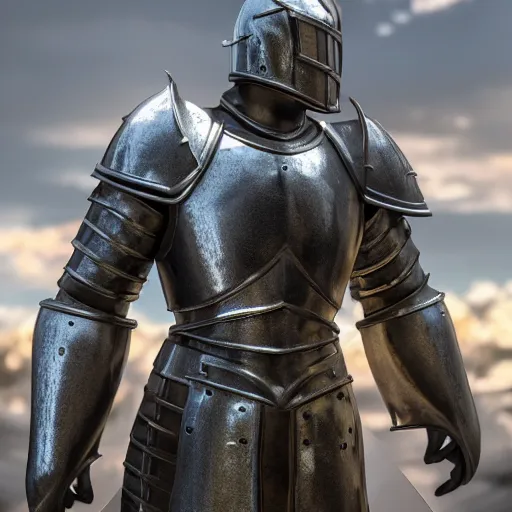 Image similar to medieval black knight, shiny armor, hyperrealistic, detailed, low angle view, light, god ray, vray, ray tracing, 4 k
