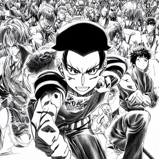 Prompt: manga, black and white illustration, by yusuke murata, highly detailed, focused