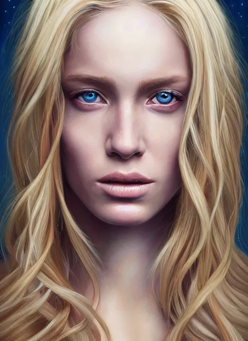 Image similar to a painting of a woman with long blonde hair, a photorealistic painting by magali villeneuve, featured on cgsociety, fantasy art, detailed painting, photorealistic