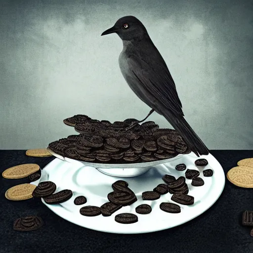 Prompt: a bird eating a plate full of oreos, cinematic, hyper detailed masterpiece, ethereal, post apocalyptic