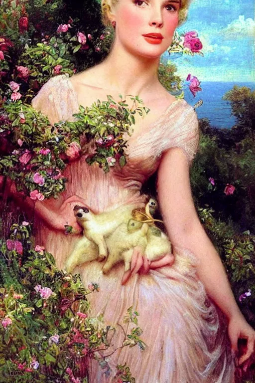 Prompt: A young and extremely beautiful Grace Kelly explaining the birds and the bees in the style of Gaston Bussière, art nouveau, art deco, surrealism. Extremely lush detail. Perfect composition and lighting. Very surreal flowers and animals and setting. Sultry.