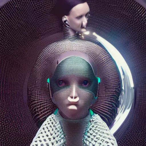 Image similar to Fashion photography of a woman wearing a futuristic outfit inspired by Ex Machina (2014), intricate, artistic photography, cinematic lighting, insanely detailed, cinestill 800t, Vogue magazine