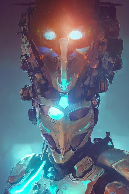 Image similar to combination suit armor aloy horizon forbidden west horizon zero dawn radiating a glowing aura global illumination ray tracing hdr fanart arstation by ian pesty and alena aenami artworks in 4 k tribal robot ninja mask helmet backpack