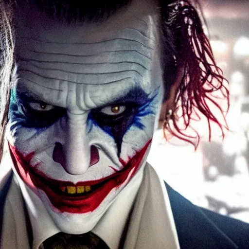 Prompt: stunning awe inspiring Johnny Depp playing The Joker 8k hdr movie still hypnotic lighting