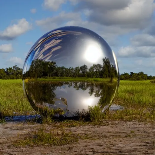 Image similar to a large metallic ball with a mirror finish site in the florida everglades covered in mud, photorealistic