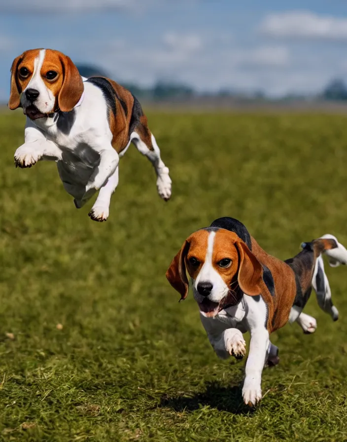 Prompt: a beagle running in a field, matte painting, 8k, depth of field.