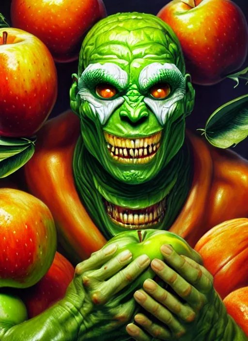 Image similar to an monster man in a white robe, green skin, covered in fruit, apples, oranges, bananas, intricate, highly detailed, concept art, hyperrealistic, oil painting by greg staples and tristan eaton, 8 k