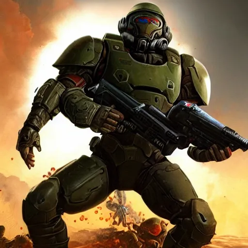 Image similar to doom slayer as ww 2 american soldier, photography, full height, front view, golden ratio