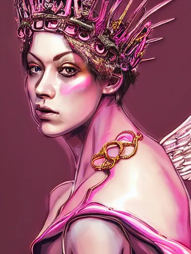 Image similar to pink portrait of young beautiful female angel queen Emma Stone head wearing shiny pink crown, subtle purple accents, hyper details, black metal rococo, sculpted by Alex Alice, Craig Mullins, yoji shinkawa, trending on artstation, beautifully lit, Peter mohrbacher, hyper detailed, insane details, intricate, elite, elegant, luxury, ray of light through smoke, CGsociety, hypermaximalist, golden ratio, volumetric, octane render, weta digital, micro details, 3d sculpture