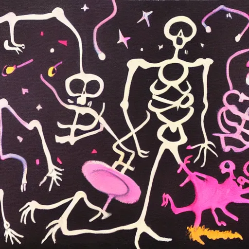 Prompt: an acryllic painting of skeleton dancing in the night under the stars, various strange guests, on a dark background, muted palette mostly white, black, gray, dark red, dark blue, some pink, minimalistic, in the styles of joan miro, banksy, and mark rothko