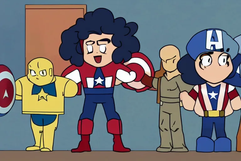 Prompt: steven universe wearing captain america's suit, chubby 1 6 - year old boy with curly brown hair, screenshot from steven universe ( 2 0 1 3 )