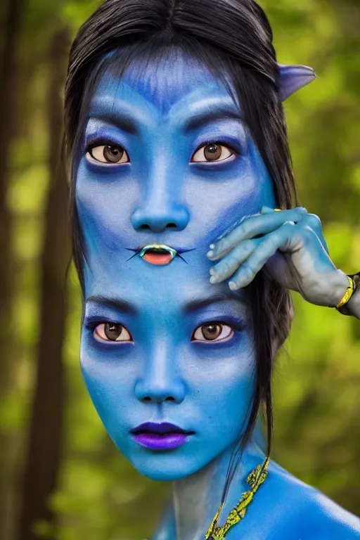 Image similar to a korean woman dressed as a blue-skinned female navi from avatar standing in a forest, blue body paint, high resolution film still, 8k, HDR colors, cosplay, outdoor lighting, high resolution photograph, photo by bruce weber, beautiful symmetric face, beautiful gazing eyes