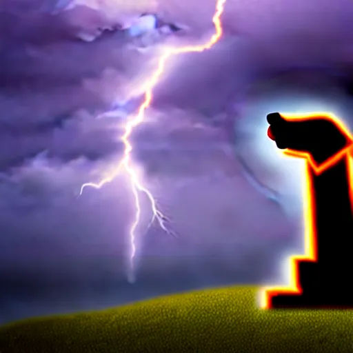 Image similar to a canine thor holding thor's hammer in its paw, dramatic lightning background, flying