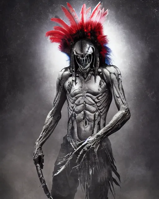 Image similar to xenomorph - human ghost - spirit of the grim - warpaint wears the scarlet skull armor and native blood headdress feathers, midnight fog - mist!, dark oil painting colors, realism, cinematic lighting, various refining methods, micro macro autofocus, ultra definition, award winning photo, photograph by ghostwave - gammell - giger - shadowlord