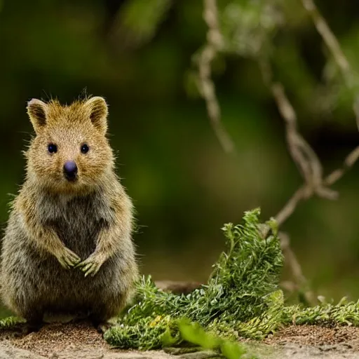 Prompt: happy quokka wearing a midsummer wreath, natgeo photo