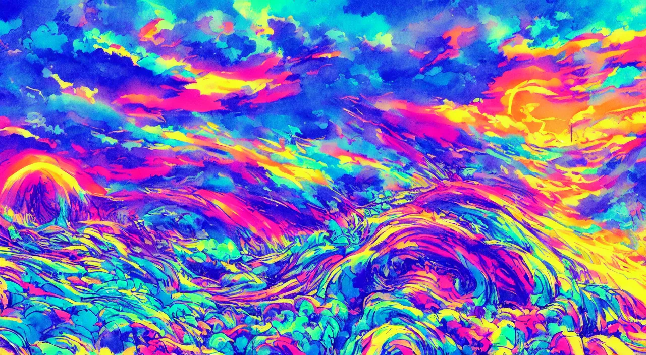 Image similar to A neon wonderland with a rainbow sky with waves of every color of the rainbow in the sky, wavelike clouds, rainbow flowing clouds, vivid landscape, award-winning anime style, wallpaper, relaxing, bright, Watercolor expressionist, comic book style, manga style