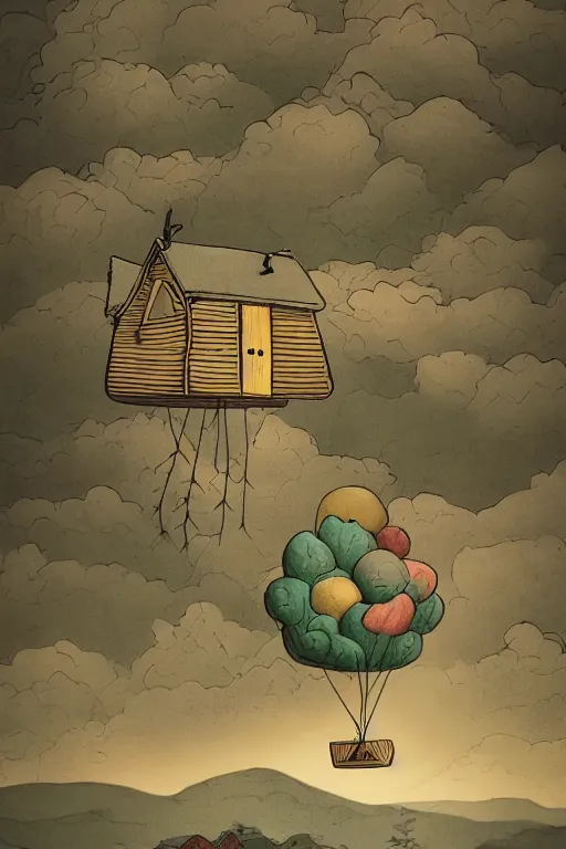 Prompt: a detailed illustration of a two storied wooden cabin floating on three giant fabric balloons through the clouds, an old tree is growing through its roof