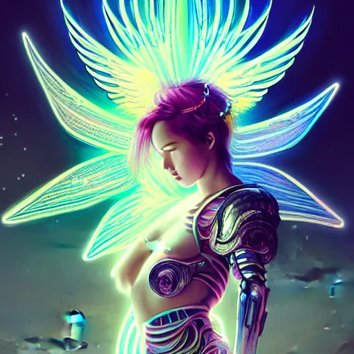 Image similar to portrait futuristic goddess angel Girl with wings and halo and armor and feathers, in future cyberpunk tokyo rooftop , ssci-fi, fantasy, intricate, very very beautiful, elegant, human anatomy, human structure, neon light, highly detailed, digital painting, artstation, concept art, smooth, sharp focus, illustration, art by tian zi and WLOP and alphonse mucha