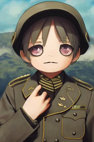 Image similar to beautiful little boy in nazi male uniform. made in abyss art style, sharps focus, pose, cute detailed artwork, anatomically correct, ilya kuvshinov, reflection, perfect composition, wallpaper mobile, digital art, detailed anime soft face, symmetrical face, western comic, illustration, realistic, smooth, lois van baarle, soft details, biomechanic